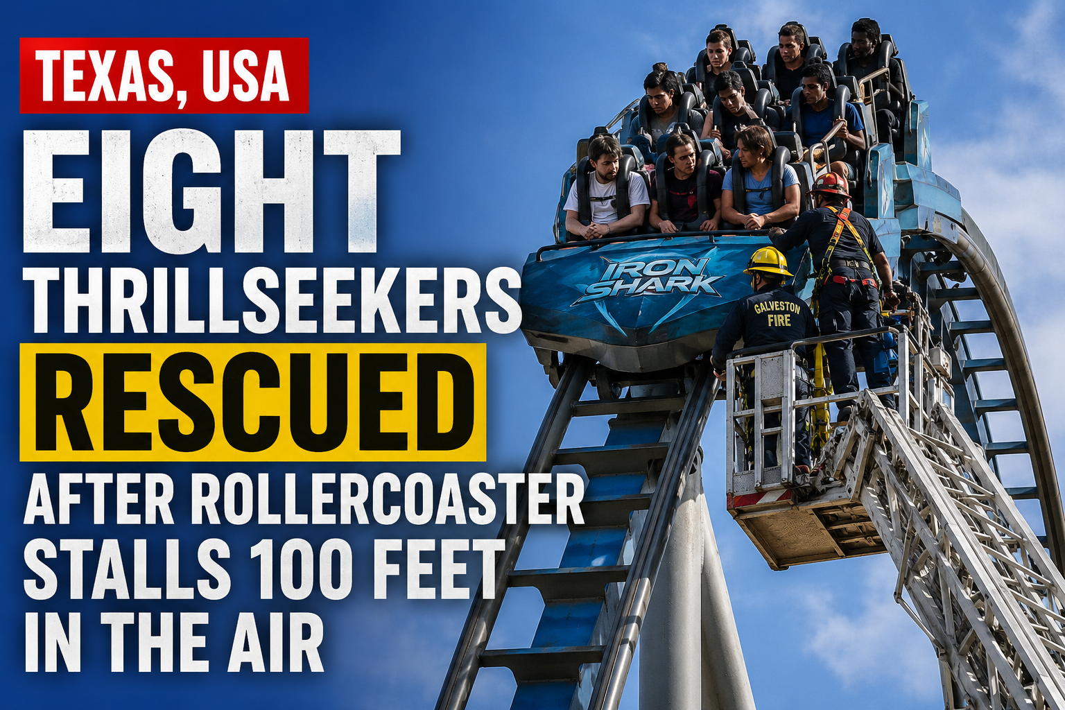 Eight thrillseekers rescued after rollercoaster stalls 100 feet in the air in Texas