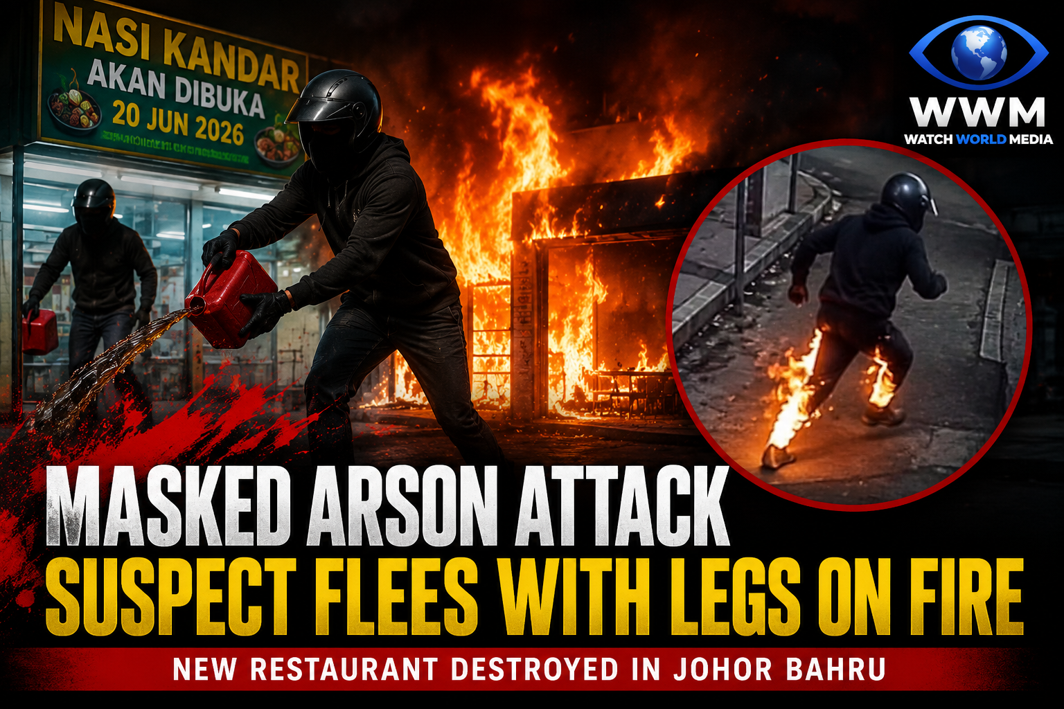 Masked Arson Attack Destroys New Malaysian Restaurant; Suspect Caught on Camera Running While Engulfed in Flames